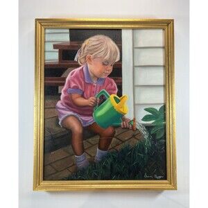 Painting of A Little Blonde Girl Watering Plants. Oil On Canvas Realism Wall Art